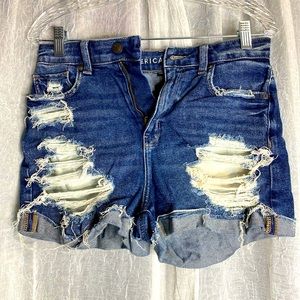 American Eagle distressed high waisted blue denim mom shorts
